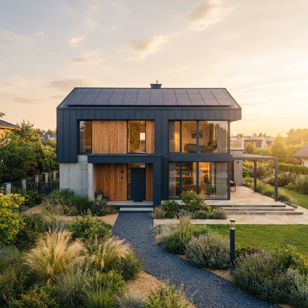 Modernes Wohnhaus mit Solaranlage in ruhiger Architekturaufnahme