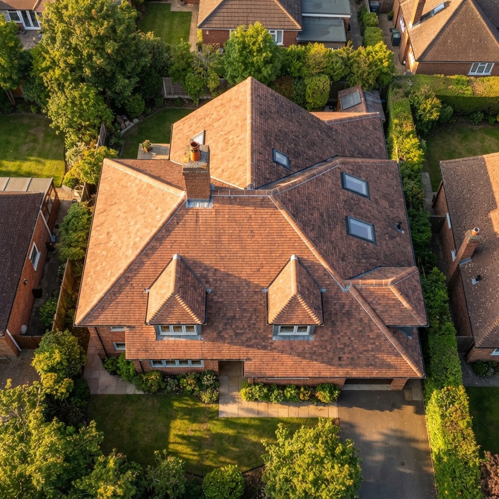 Luftaufnahme eines Dachfirsts mit klar erkennbarer Geometrie