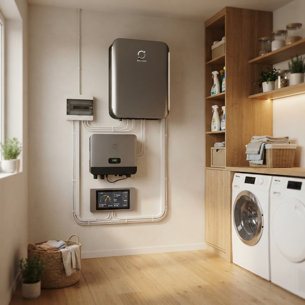 Hausenergiespeicher in einem aufgeräumten Hauswirtschaftsraum mit Energiemanagement-Display