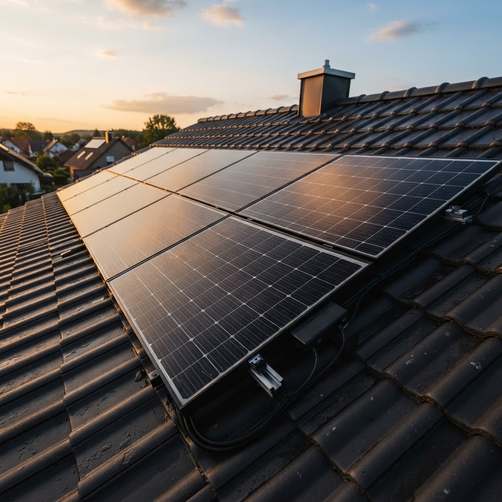 Hochwertige Solarmodule auf einem Satteldach bei Abendlicht