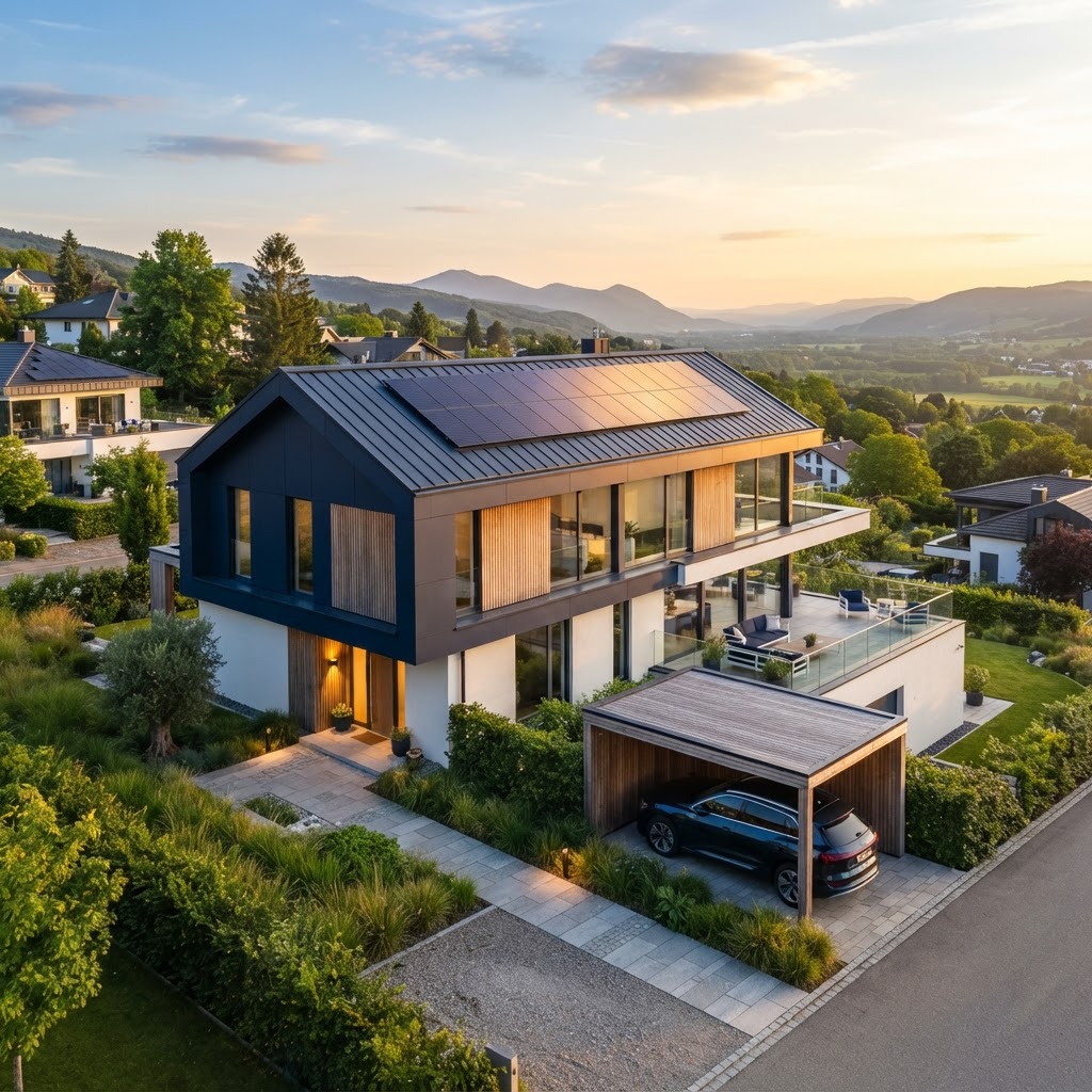 Einfamilienhaus mit Photovoltaikanlage im Spätsommerlicht