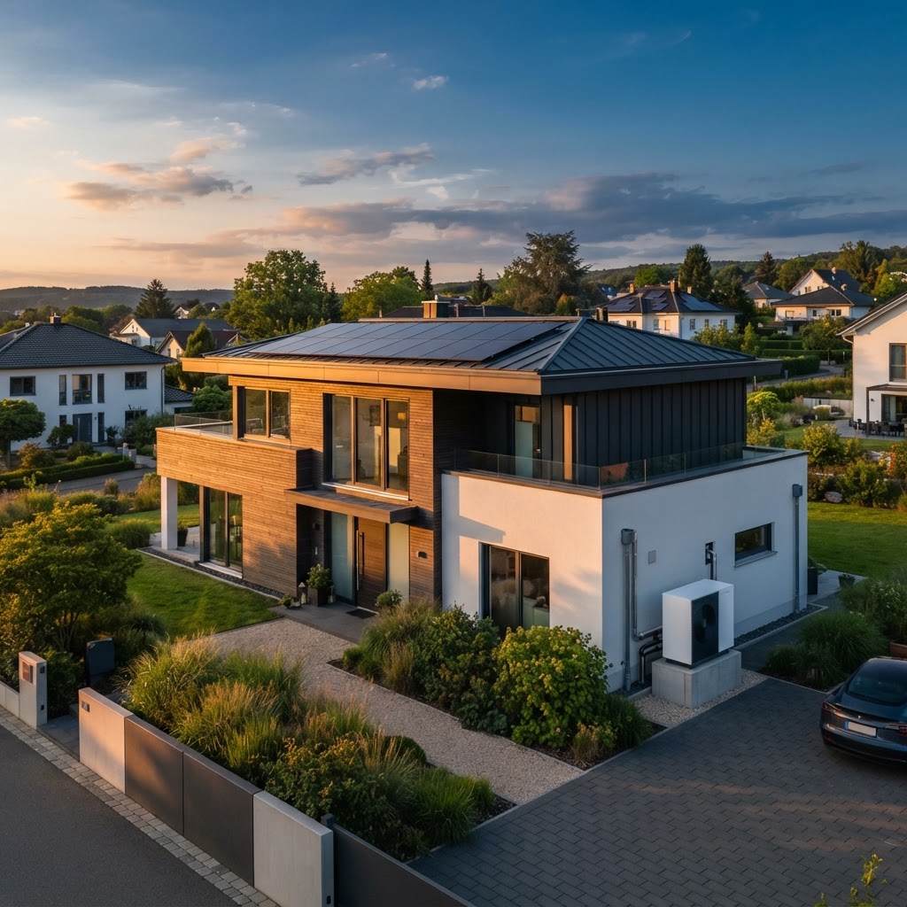 Modernes Neubauwohnhaus mit Photovoltaik und Wärmepumpe zur goldenen Stunde