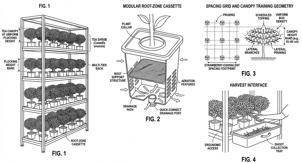 FIG. 1–4 — Multi-Tier Camellia Sinensis Cultivation System