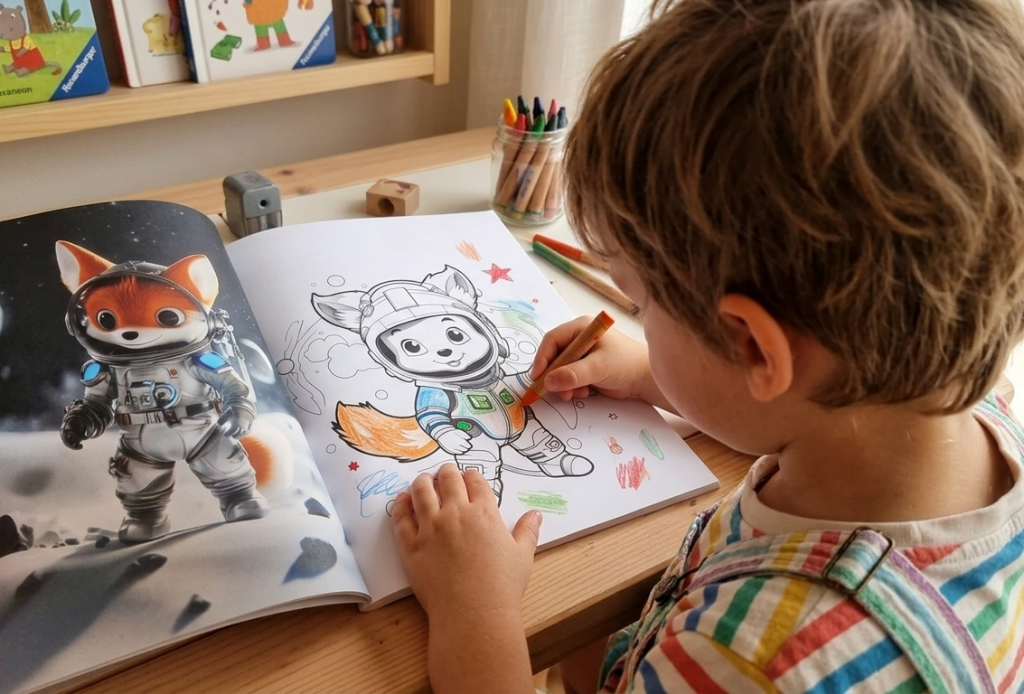Niño coloreando una página del libro infantil Animales Astronautas