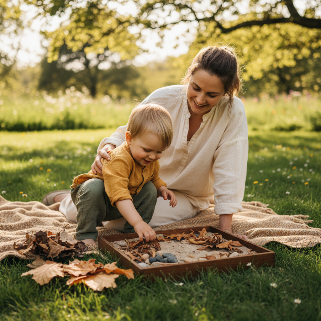 Parent and toddler doing sensory play together in nature