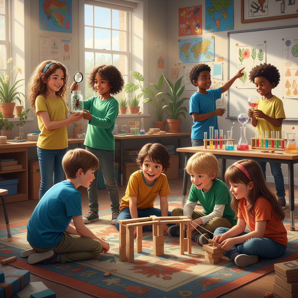 Primary-age children working together on a creative hands-on learning project