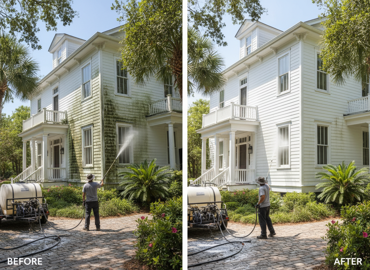 Professional soft washing service on a Charleston SC home