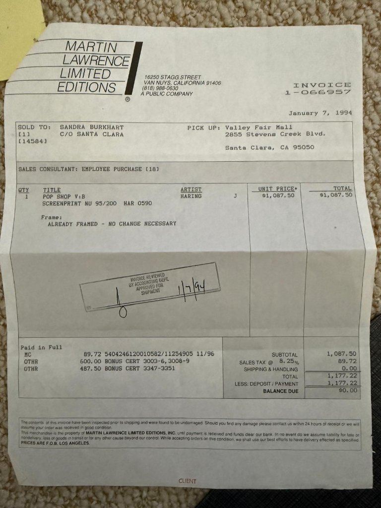 Original 1994 purchase invoice from Martin Lawrence Limited Editions for Keith Haring Pop Shop V:B