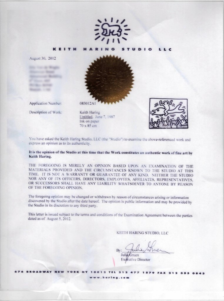Keith Haring Studio LLC Certificate of Authenticity, Application Number 083012A1, signed by Julia Gruen