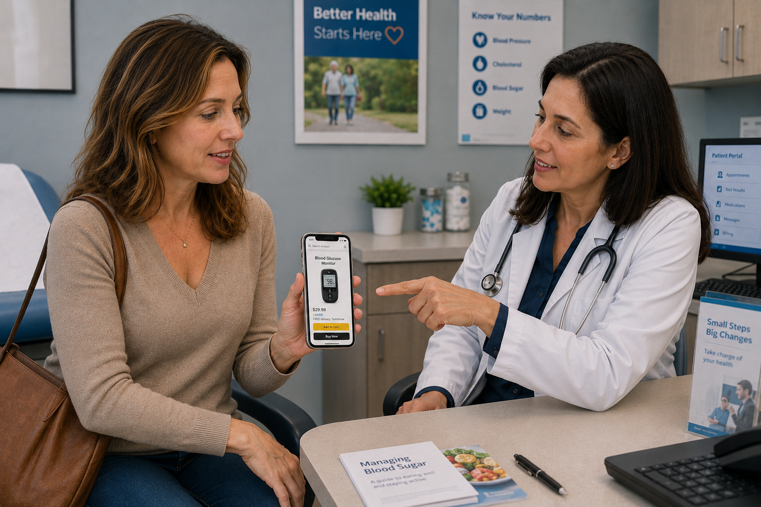 Physician pointing to a wellness product on a patient's smartphone
