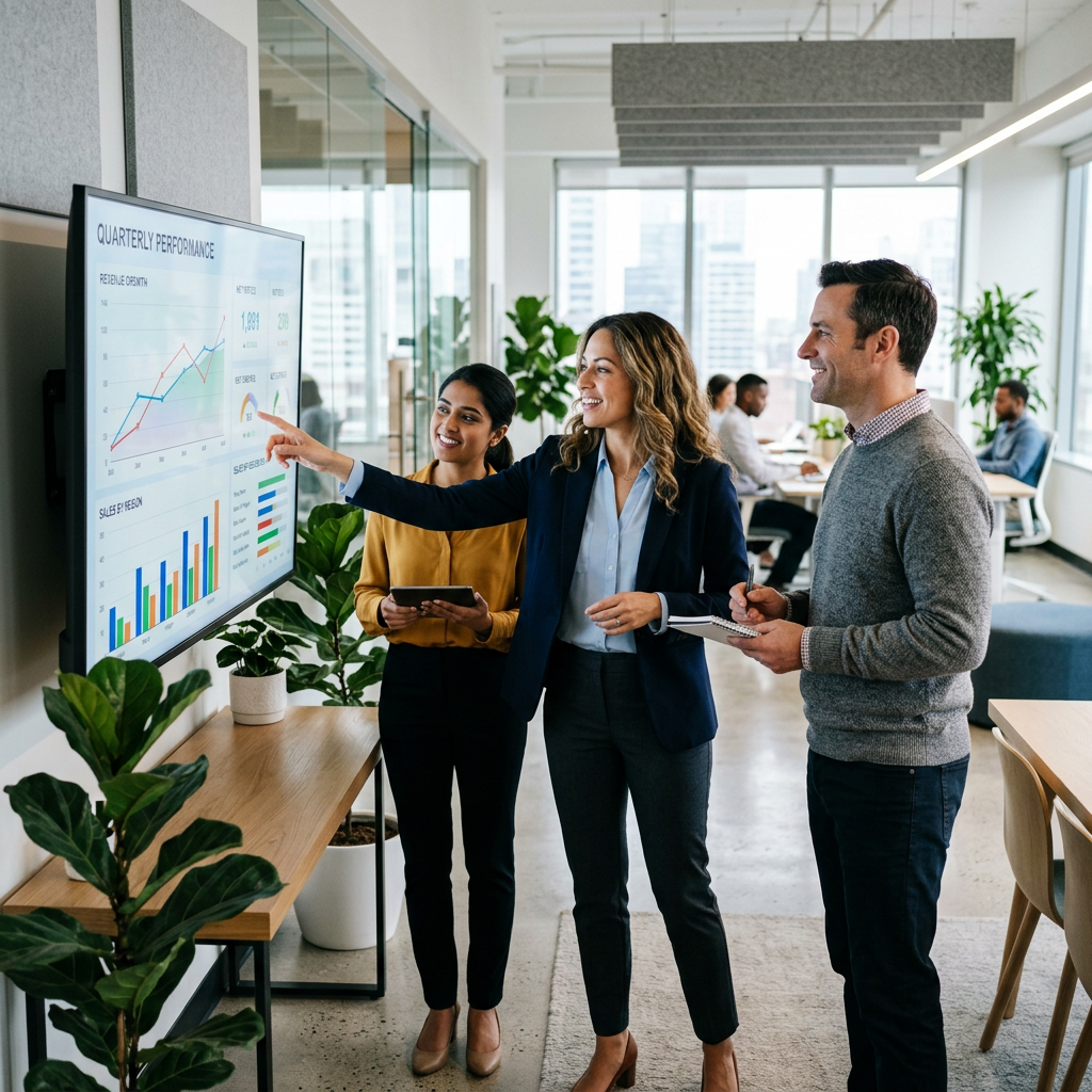 Professionals reviewing data on screen
