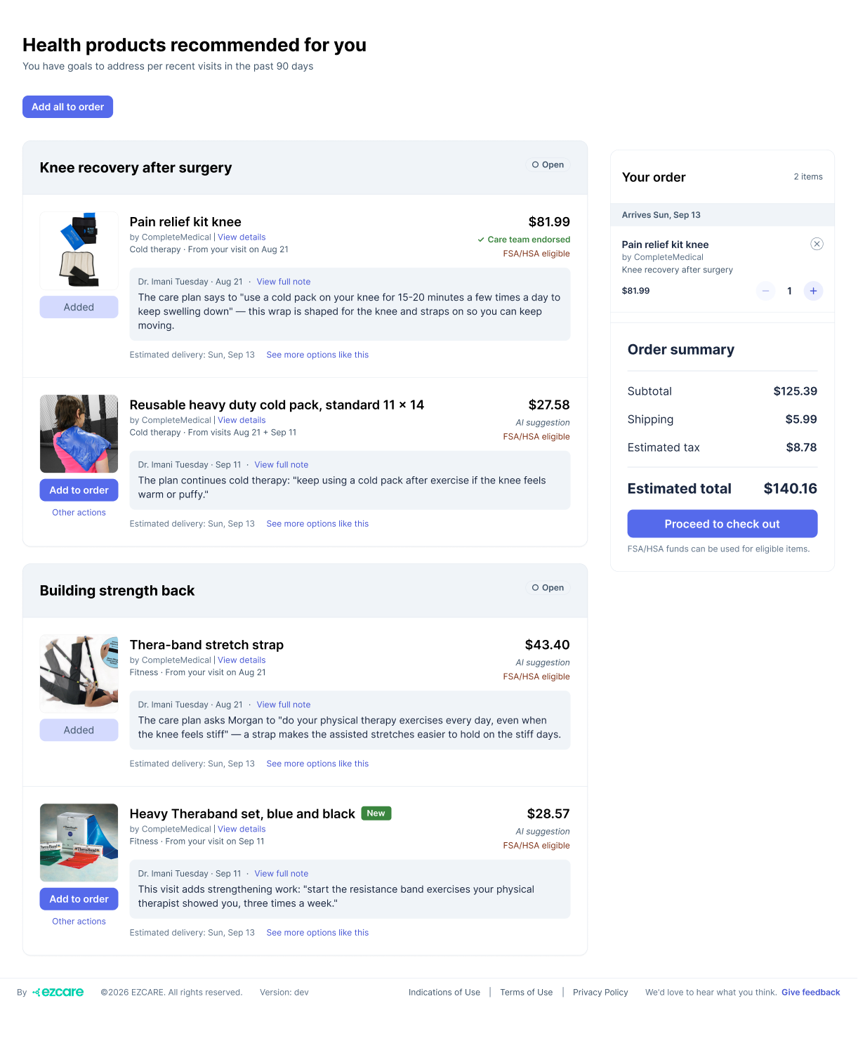 EZCARE patient portal product recommendations