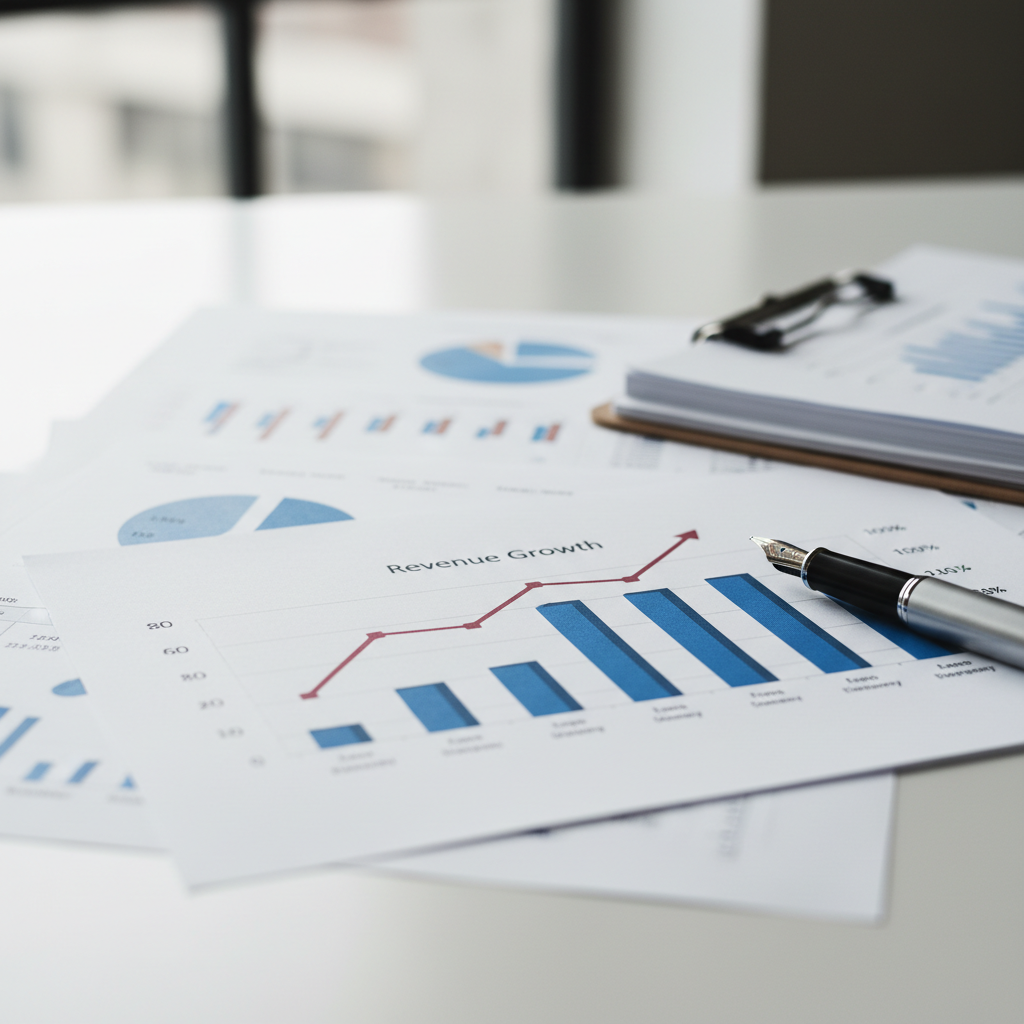 Revenue charts showing upward growth trend on a desk