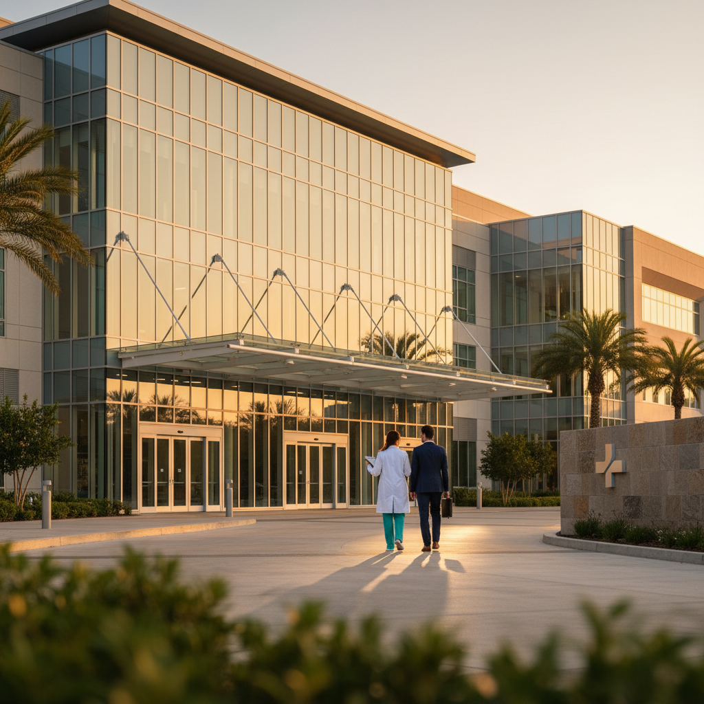 Clinician and consultant walking together at hospital entrance
