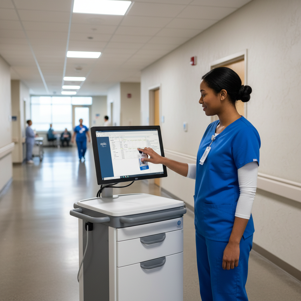 Nurse tapping badge at rolling workstation with VDI session visible