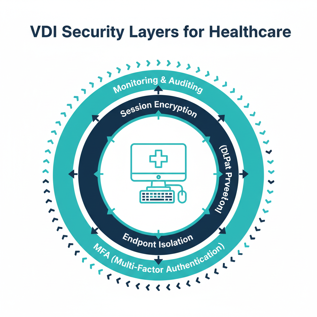 VDI security layers diagram for HIPAA-compliant healthcare environments