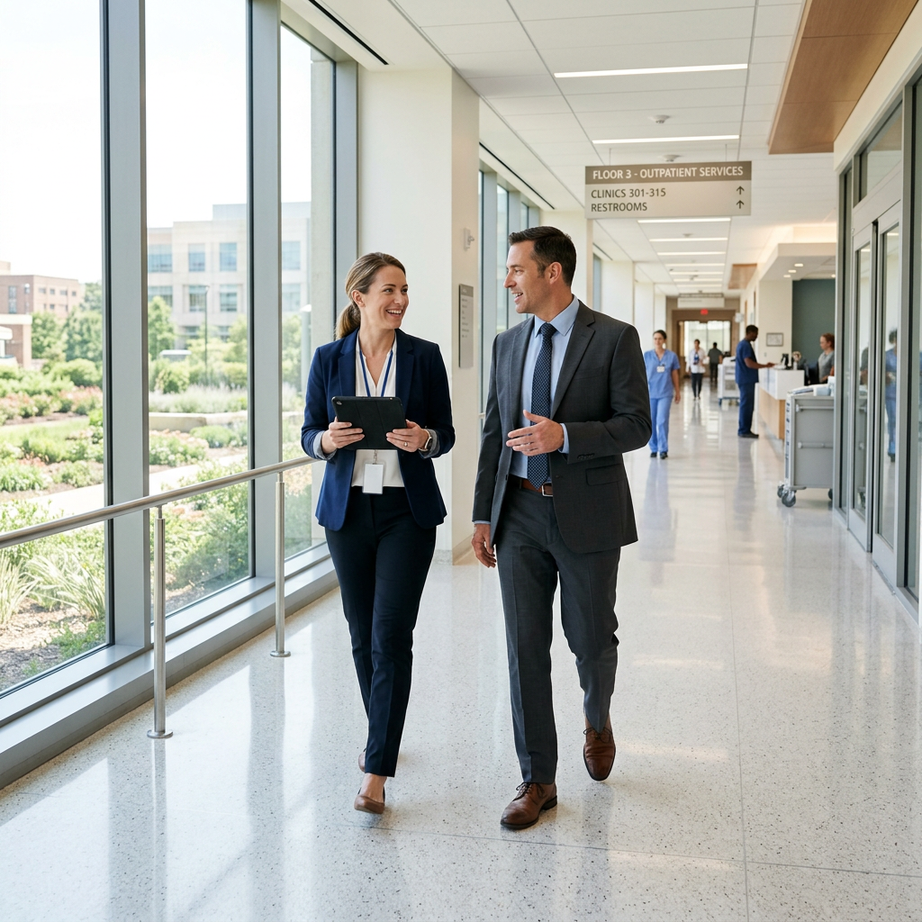 Healthcare professionals in a hospital corridor