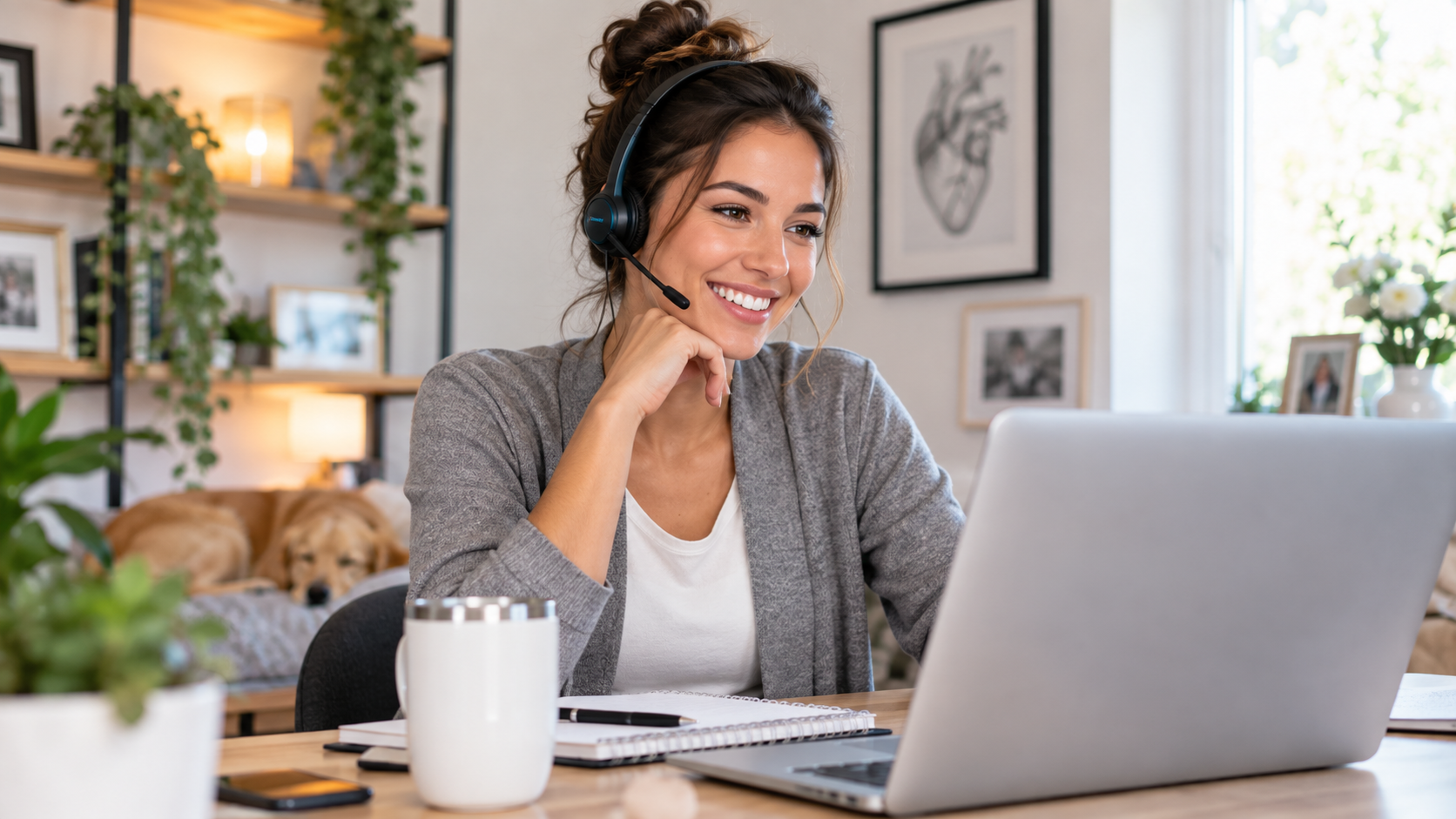Remote workforce professional in a home office wearing a headset