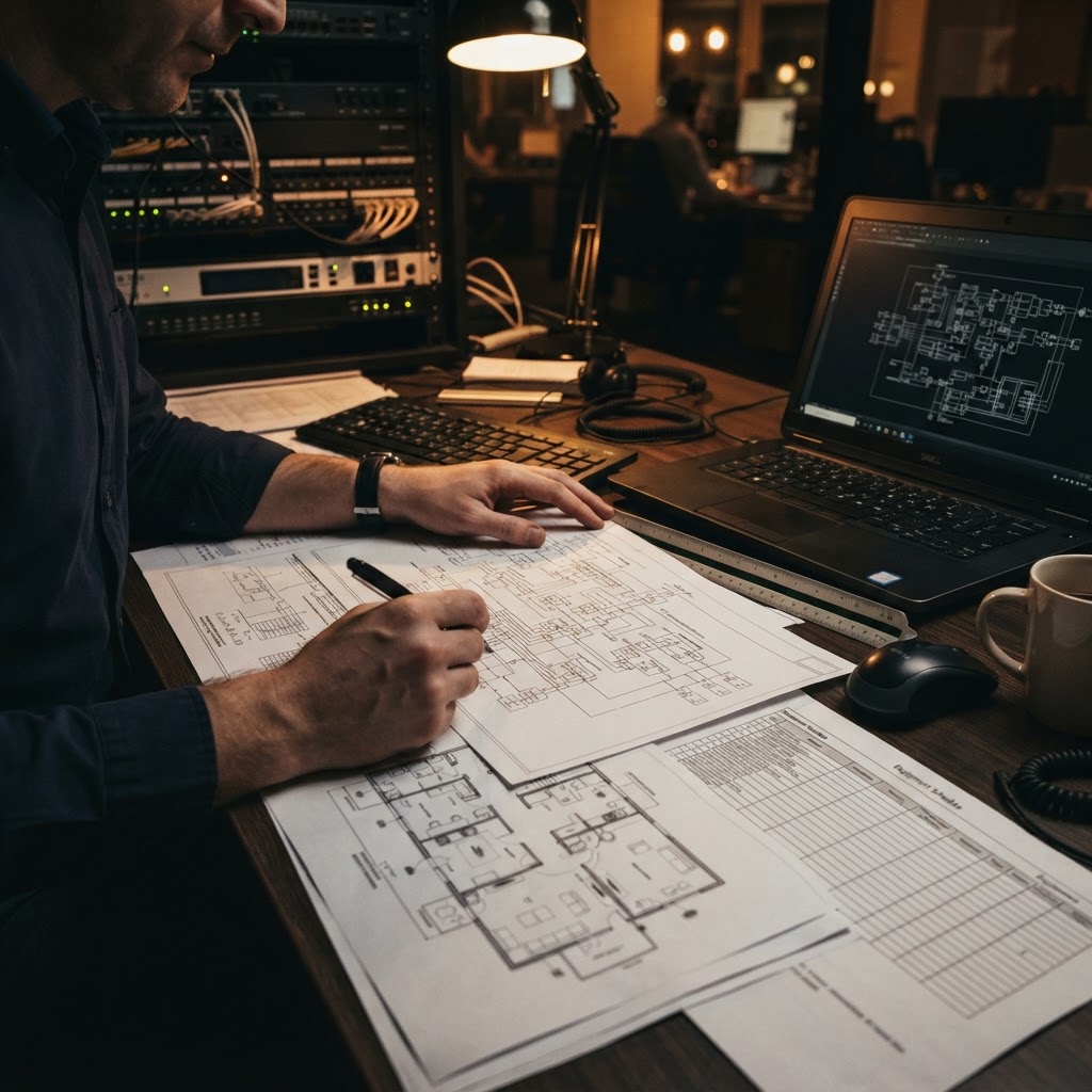 Signal-flow schematics, architectural room plans and an equipment schedule being reviewed on an engineer's desk