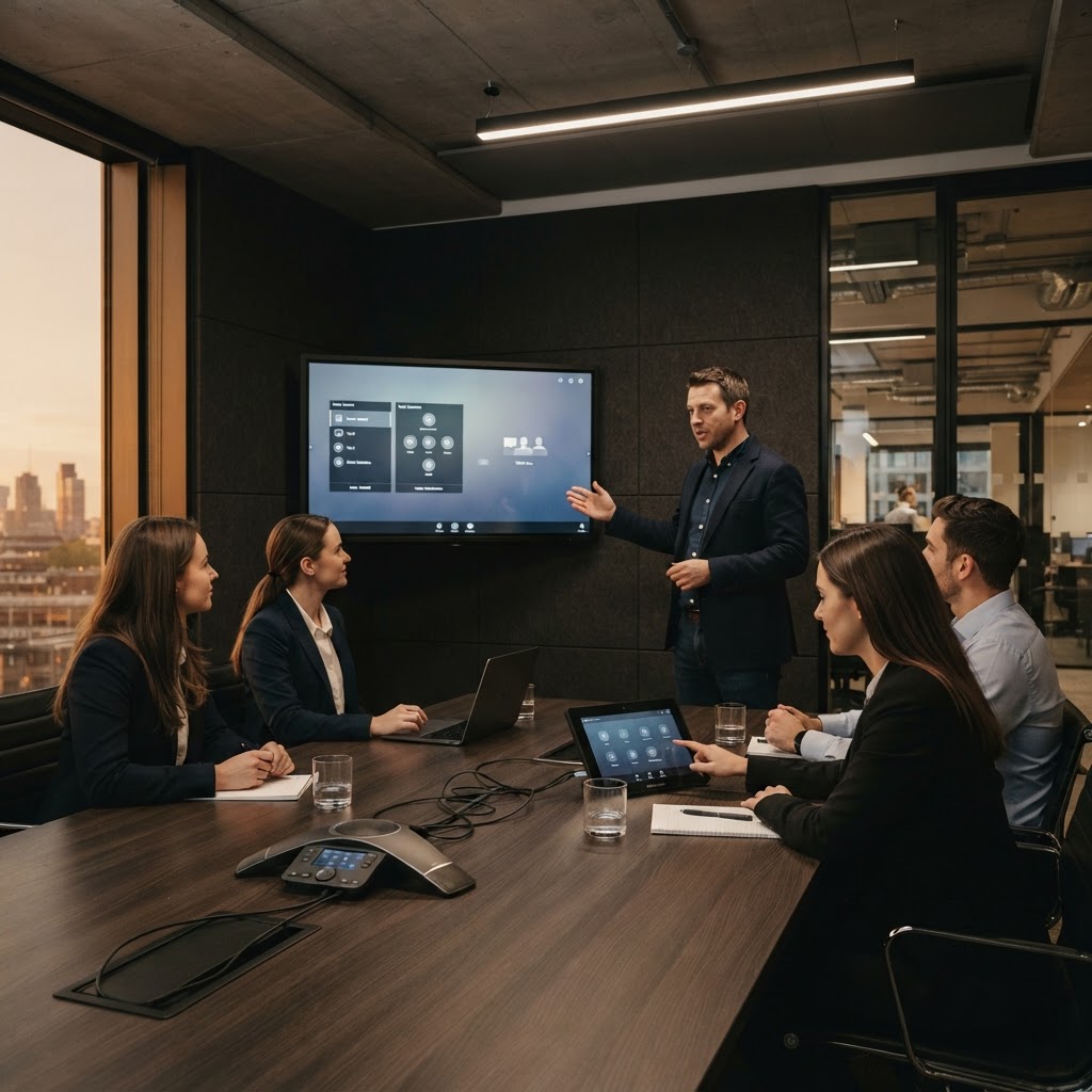 AV trainer demonstrating a newly installed meeting room system to a small group of staff, one of whom is using the room control panel