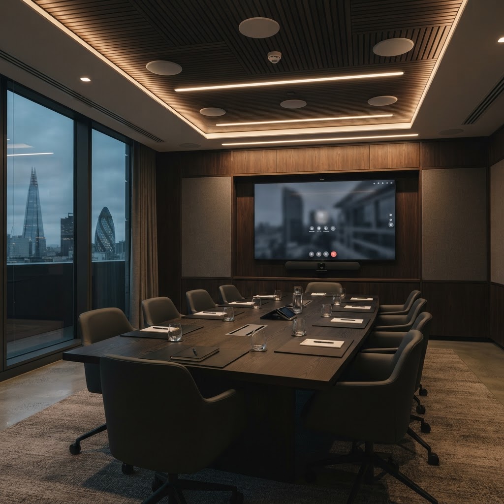 Completed premium boardroom with integrated displays, video conferencing and ceiling audio built into the architecture