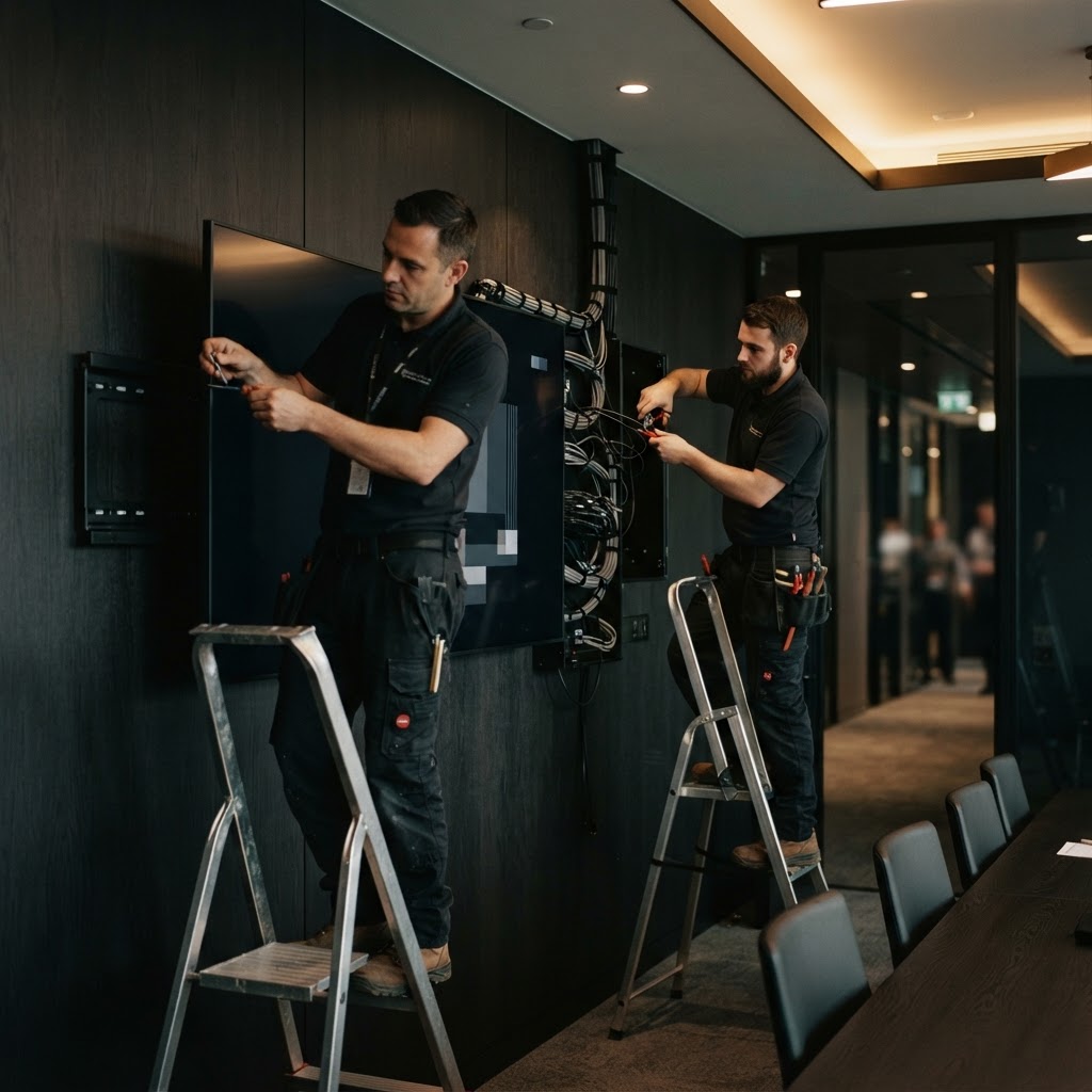 Two AV engineers installing display and conferencing infrastructure on site