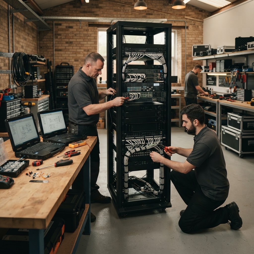AV technicians preparing equipment racks with labelled structured cabling in a clean workshop