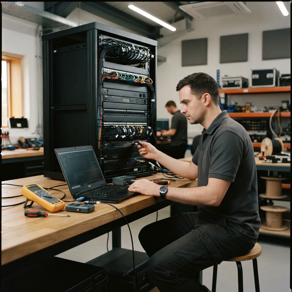 Commissioning engineer testing a professionally built AV equipment rack in a clean engineering workshop
