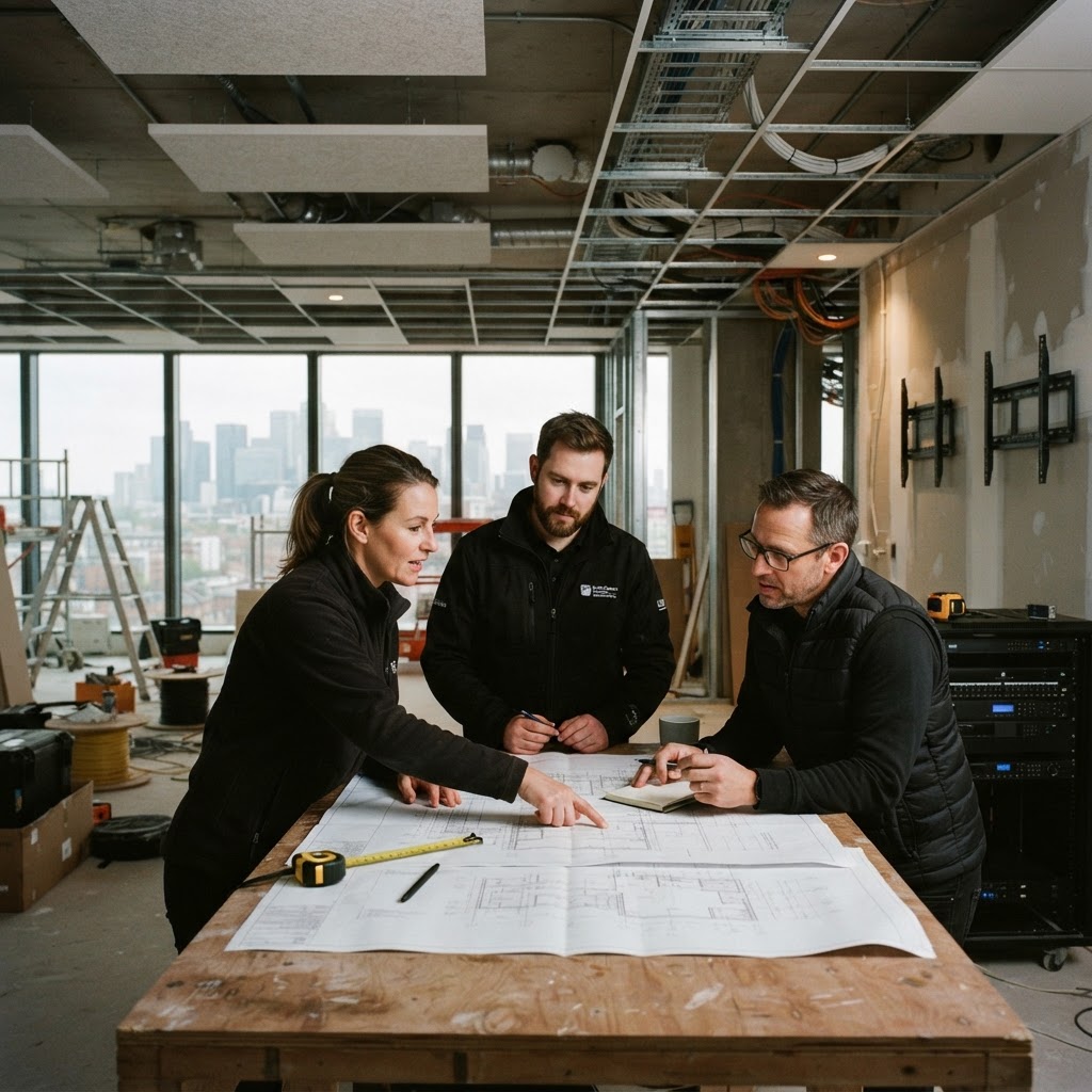 Project manager and AV specialists reviewing drawings together on a partly fitted commercial project