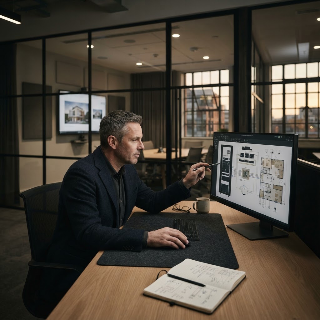 AV systems engineer reviewing schematics and room drawings on a large monitor, with the meeting room being designed visible beyond