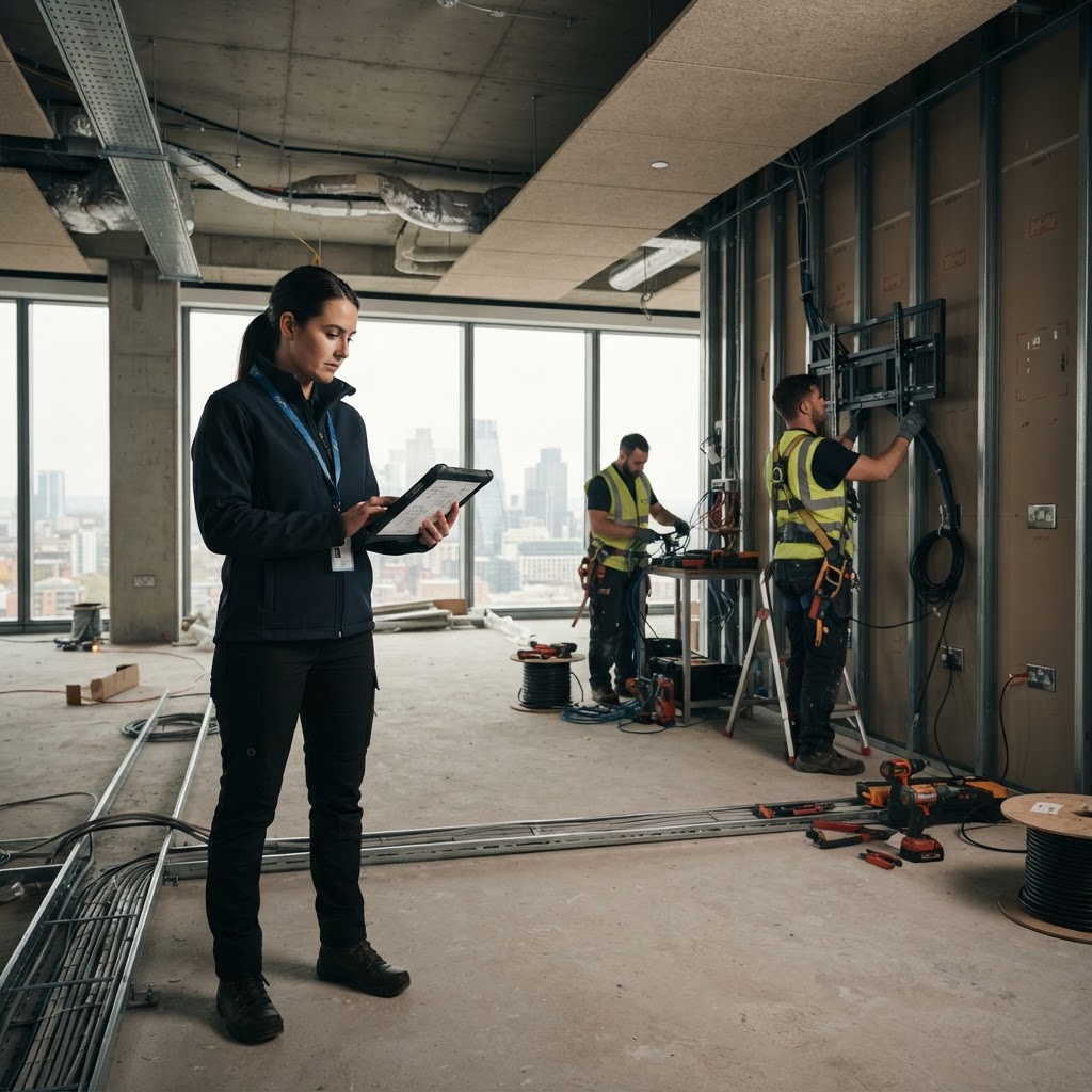 AV project manager reviewing plans on a tablet on an active office fit-out while AV engineers install displays and cabling behind