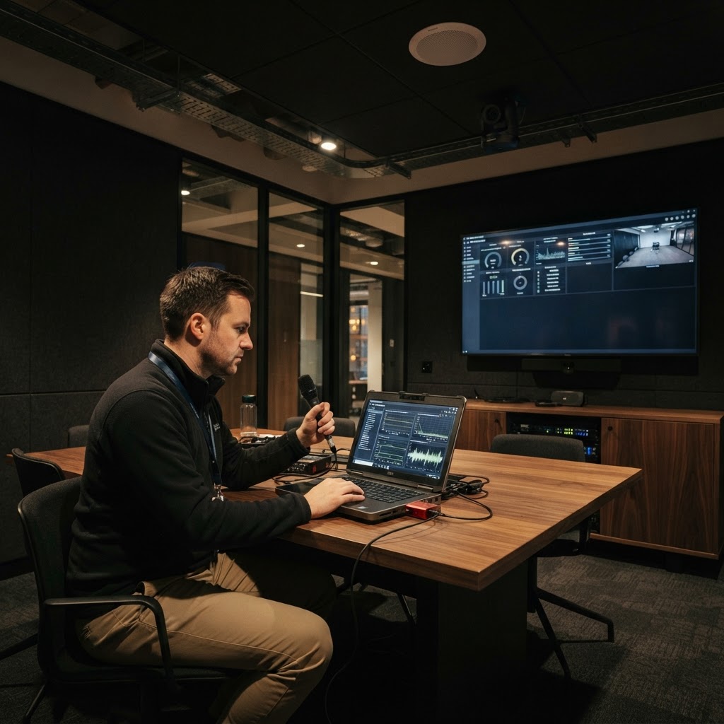Commissioning engineer with a laptop testing the audio and video of a completed meeting room