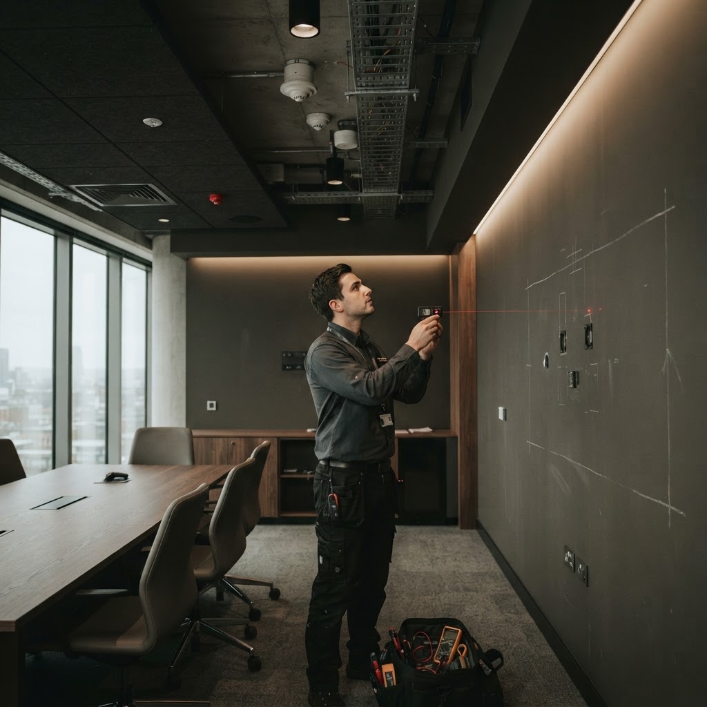 AV engineer surveying a meeting room before design