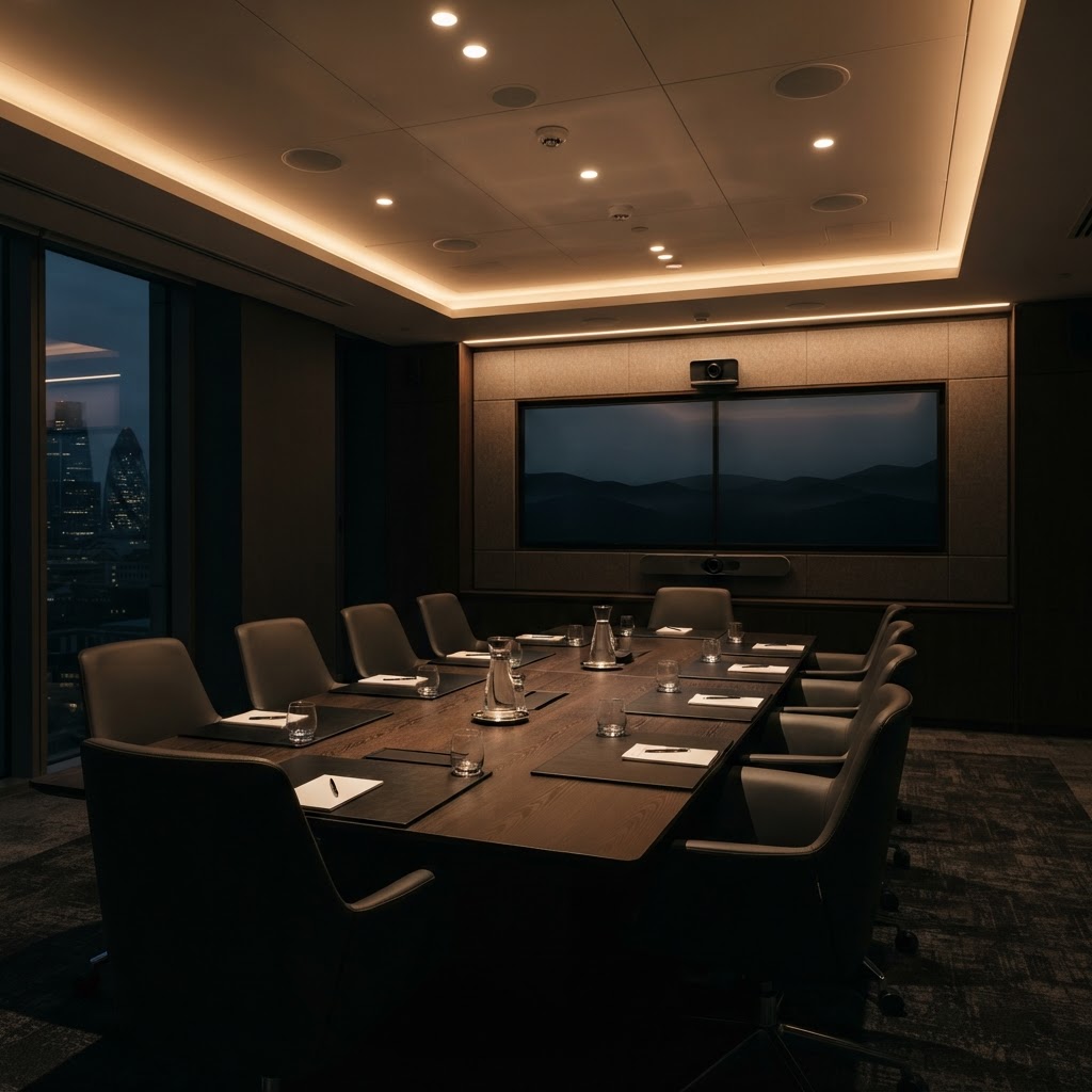 Completed high-end boardroom with integrated displays, conferencing camera and ceiling microphones, ready for handover