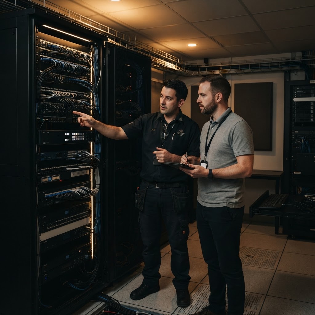 AV engineer walking an in-house IT professional through an AV equipment rack during a technical handover