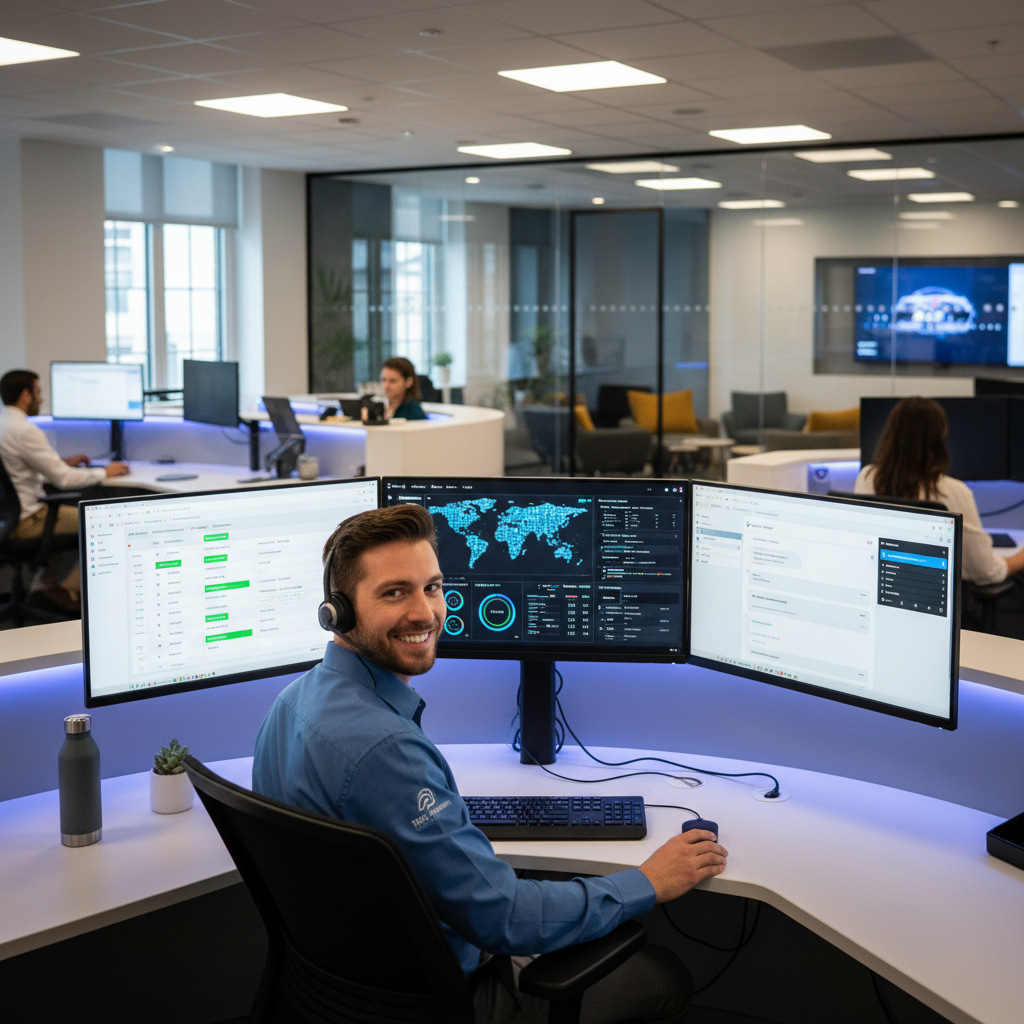 BFI IT Service Helpdesk Nürnberg – freundlicher IT-Support-Mitarbeiter mit Headset am Service Desk