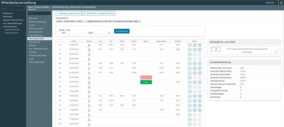 Wofoma digitale Zeiterfassung Software – übersichtliches HR-Dashboard für Arbeitszeiten und Urlaubsverwaltung