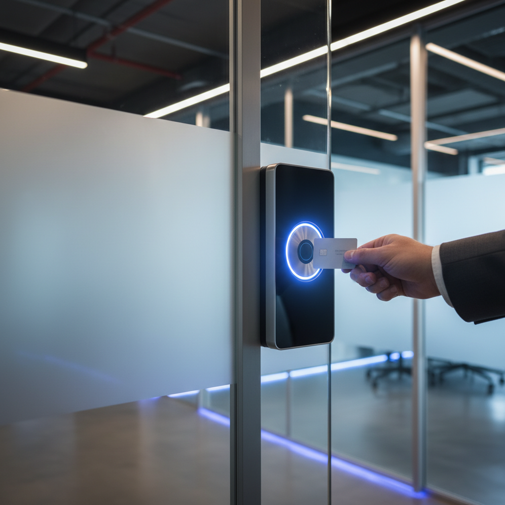 BFI IT Service Zeiterfassung und Zutrittskontrolle Nürnberg – RFID-Chip-Lesegerät an moderner Bürotür