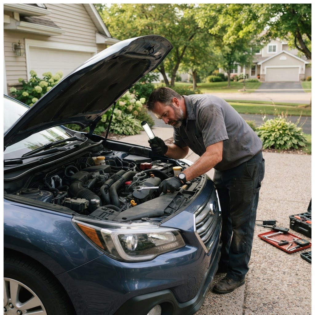 Mobile mechanic checking the cooling system under the hood in Bloomington
