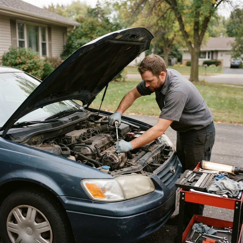 Mobile mechanic replacing an alternator under the hood in Bloomington