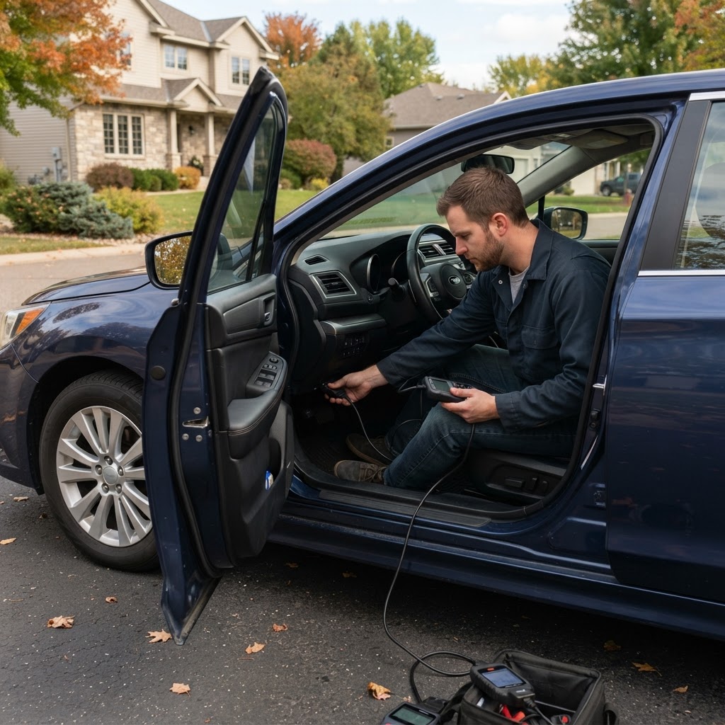 Mobile mechanic scanning a car at a Bloomington driveway