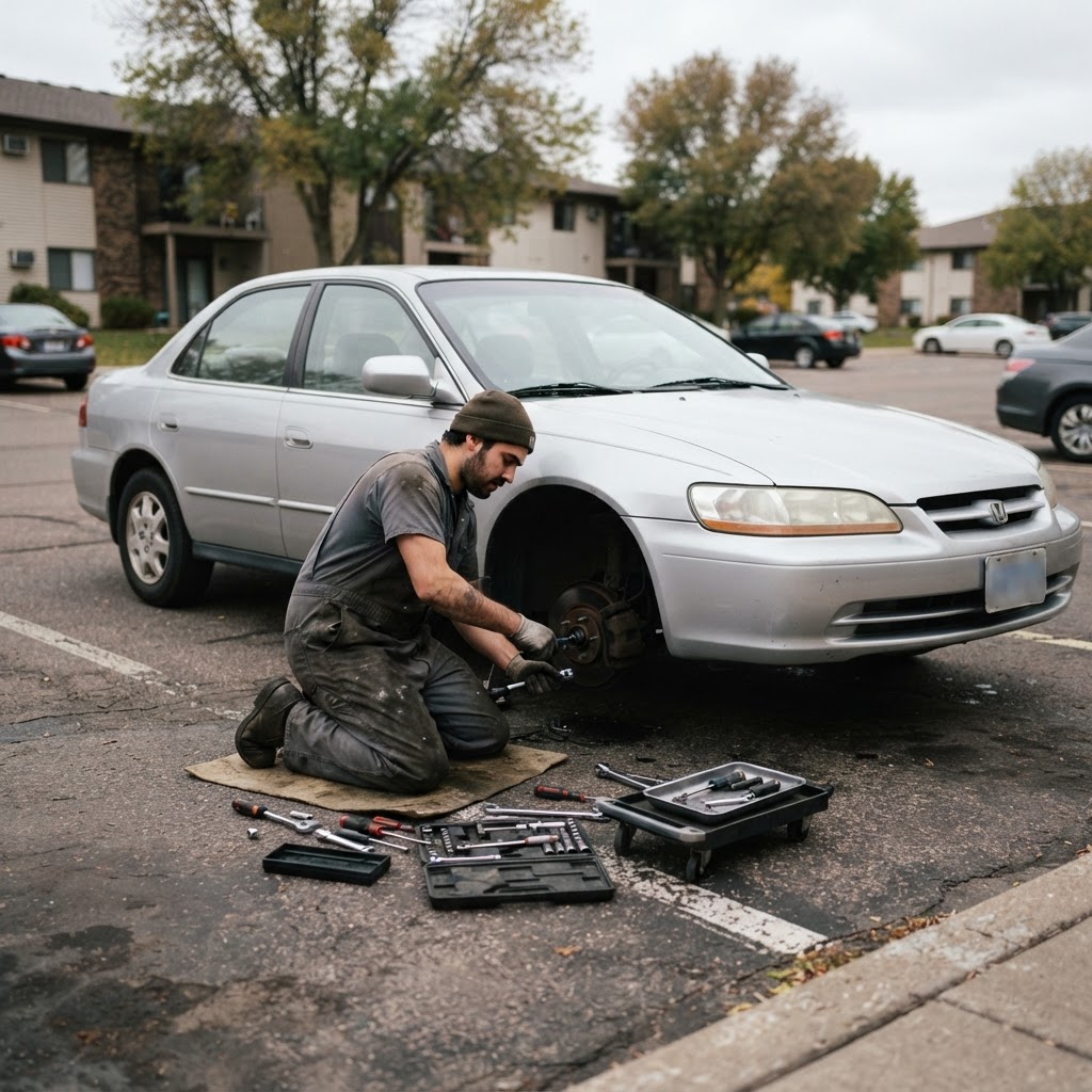 Mobile mechanic working on a sedan in a Bloomington parking lot