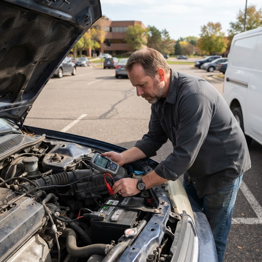 Mobile mechanic testing a battery under the hood in Bloomington
