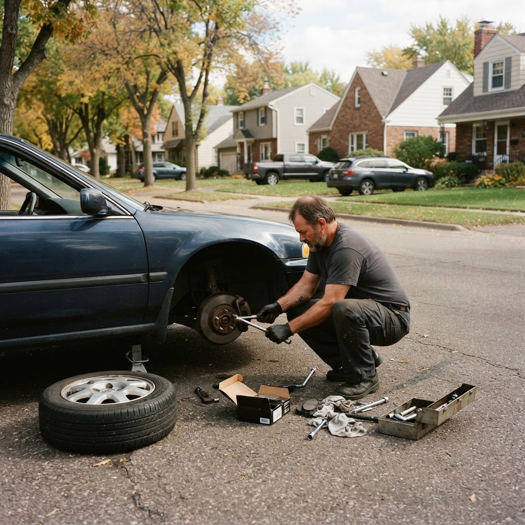 Mobile mechanic replacing brake pads at the curb in Bloomington