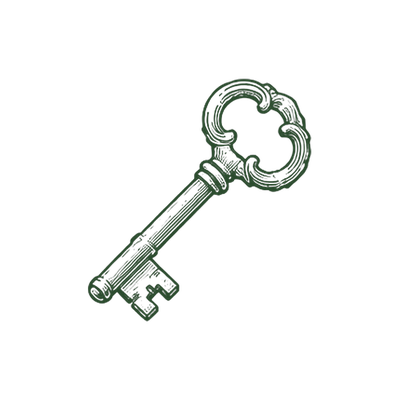 Engraving of an ornate antique skeleton key