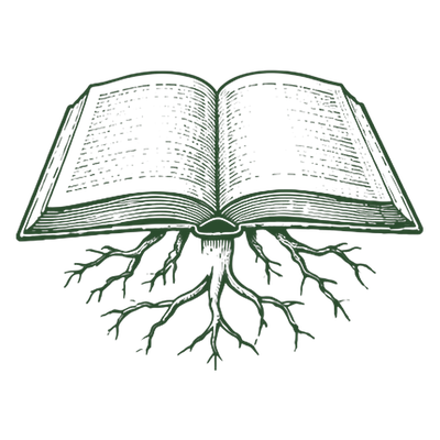 Engraving of an open book with roots growing from its spine