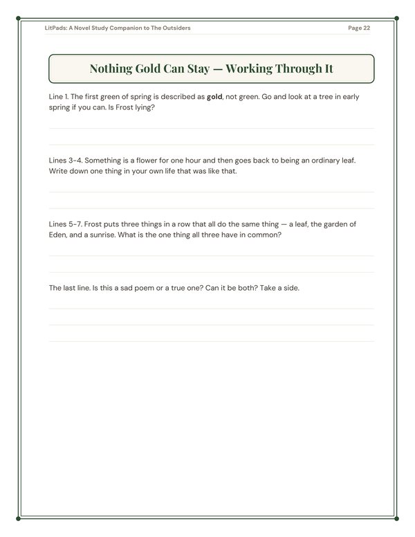 A page from inside the LitPads guide to The Outsiders