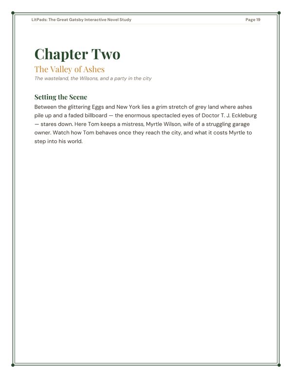 A page from inside the LitPads guide to The Great Gatsby
