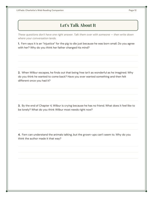 A page from inside the LitPads guide to Charlotte's Web
