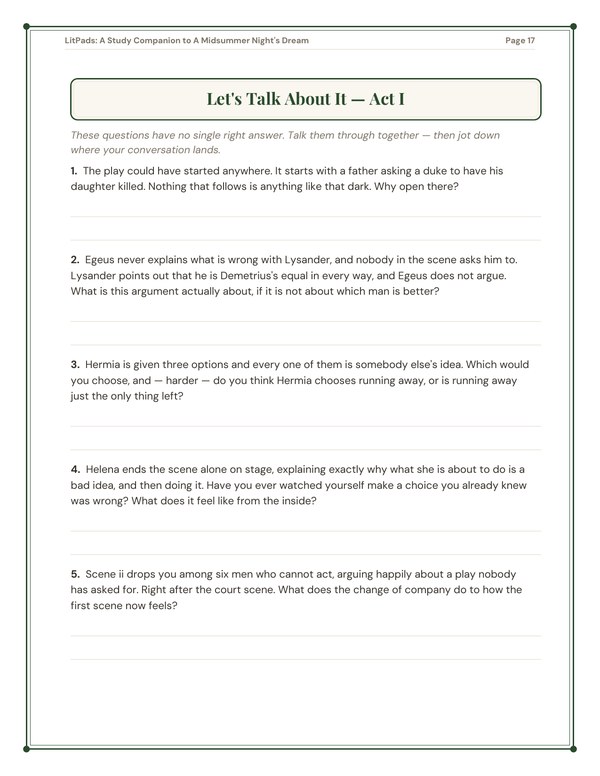 A page from inside the LitPads guide to A Midsummer Night's Dream